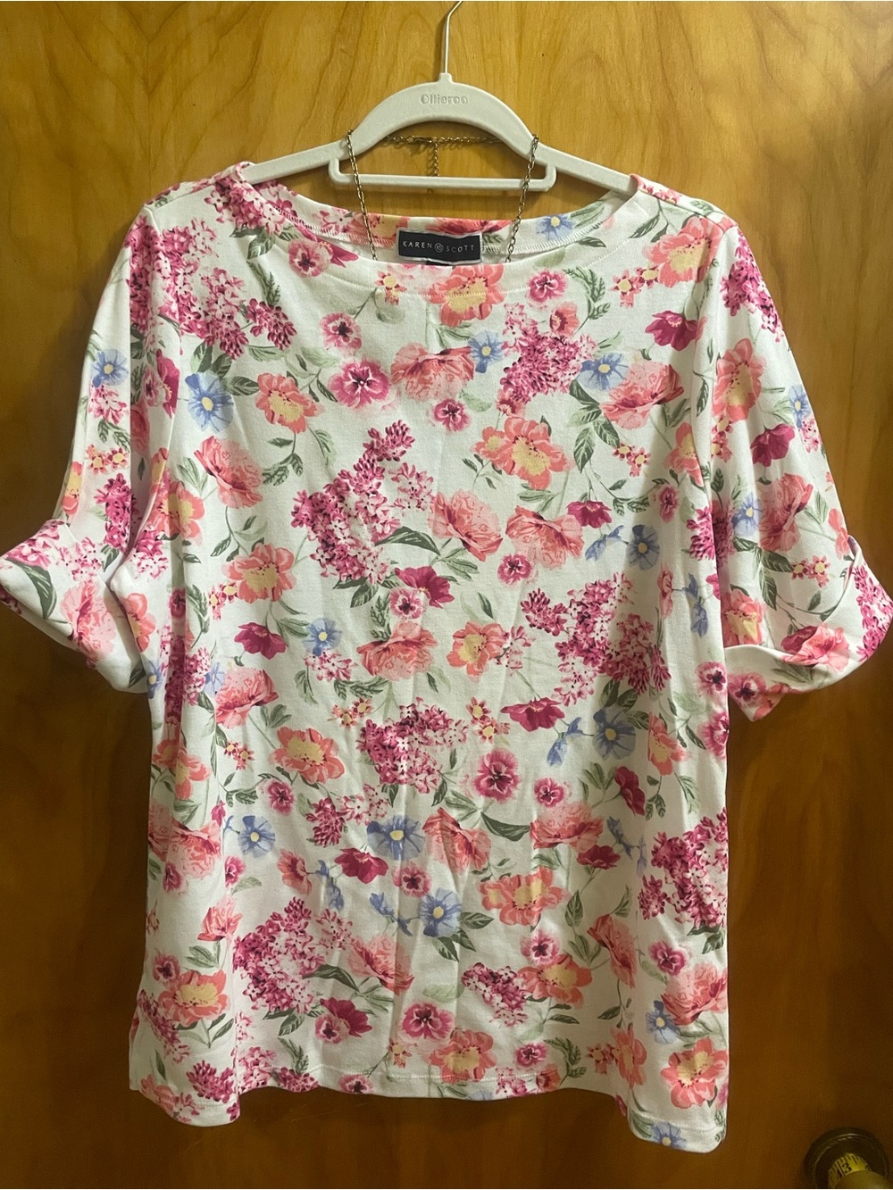 Karen Scott White Floral Short Sleeve Tee with Pink & Blue Accents